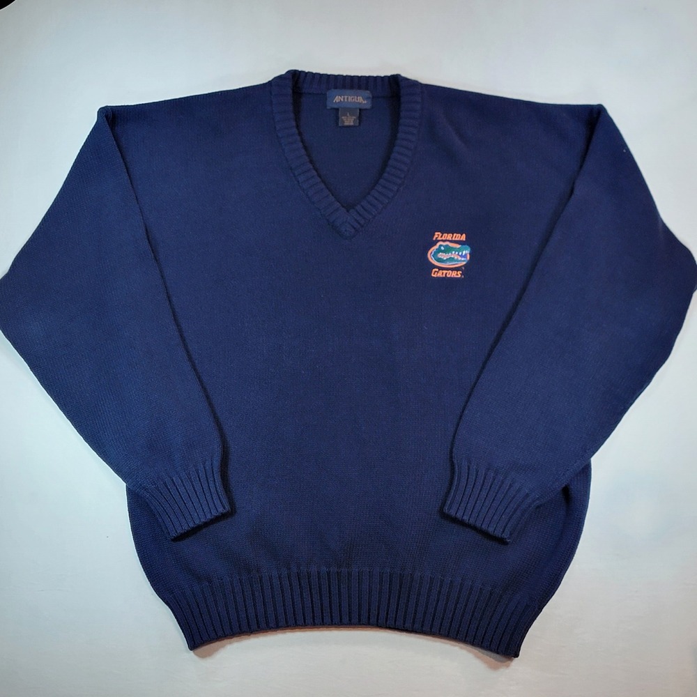 Vintage Florida Gators V-Neck Sweater Mens Large Navy Blue Cotton Knit Pullover